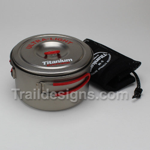 Evernew 1.3L Titanium Ultra Light Pot closed ready for stuff sack